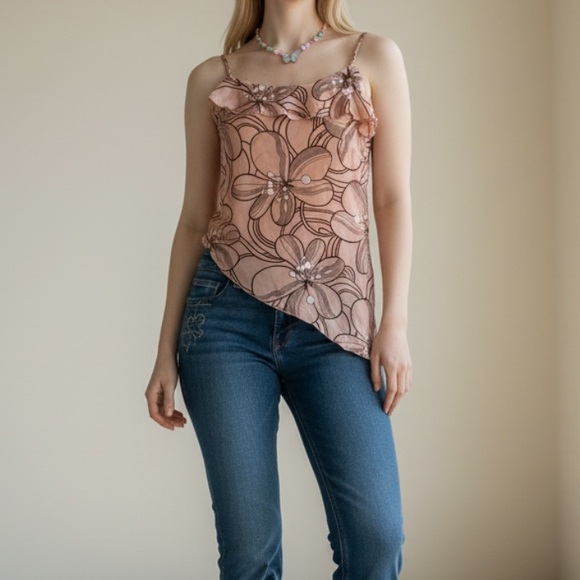 Y2K Silk Trina Turk Pink Floral One Shoulder Asymmetrical Top XS Petite - Picture 2 of 7